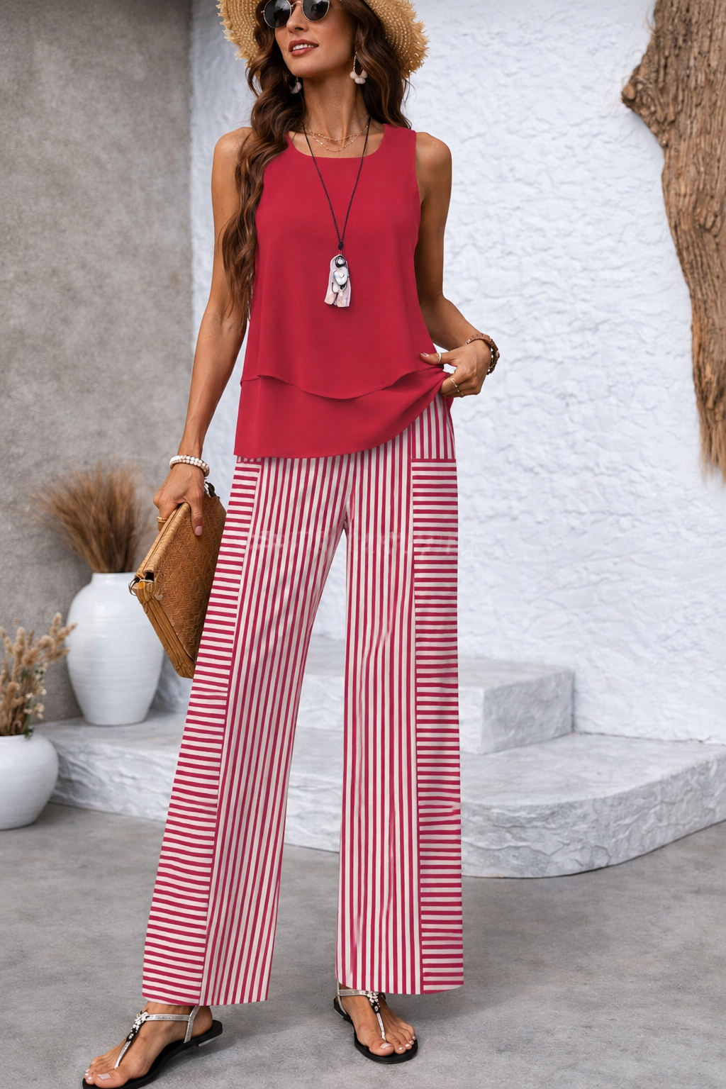 Ramona™ | Completo Rosa Top Tinta Unita e Pantaloni a Righe
