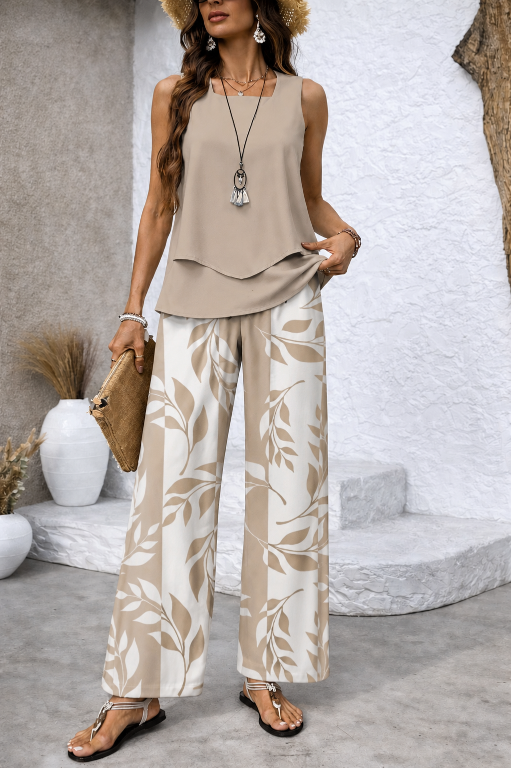 Ernestina™ | Completo Naturale Blusa Beige e Pantaloni Botanici