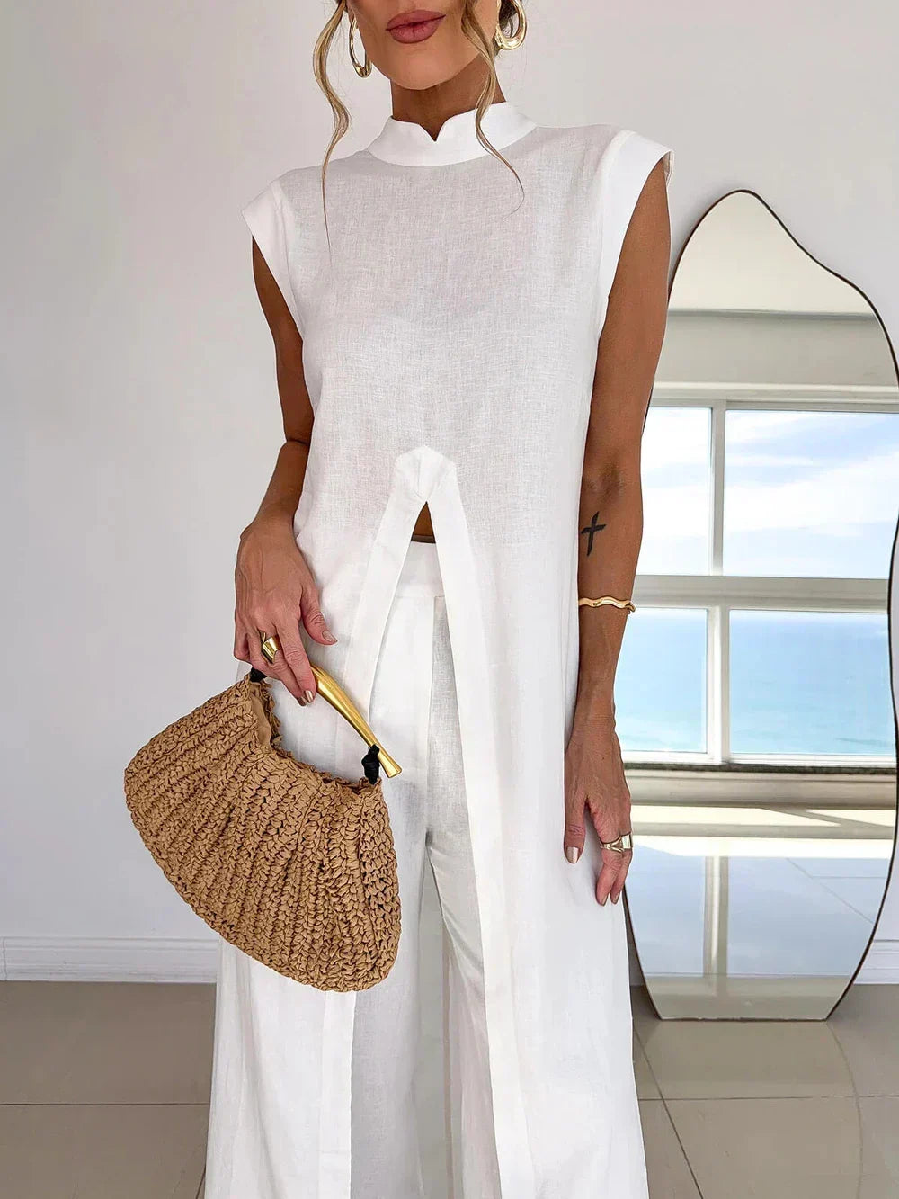 Benigna™ | Completo Bianco Tunica con Volant e Pantaloni