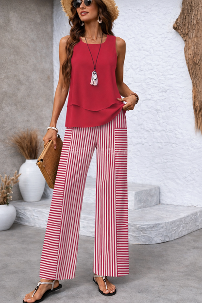 Ramona™ | Completo Rosa Top Tinta Unita e Pantaloni a Righe