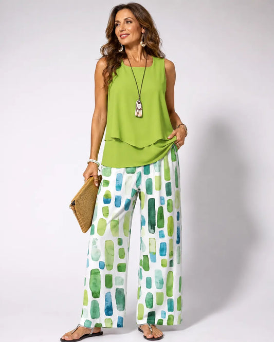 Sabina™ | Completo Top Verde e Pantaloni Geometrici