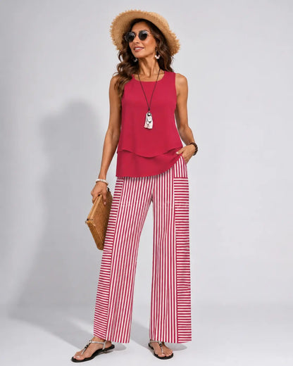 Ramona™ | Completo Rosa Top Tinta Unita e Pantaloni a Righe