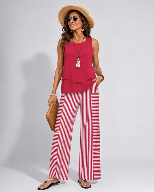 Ramona™ | Completo Rosa Top Tinta Unita e Pantaloni a Righe