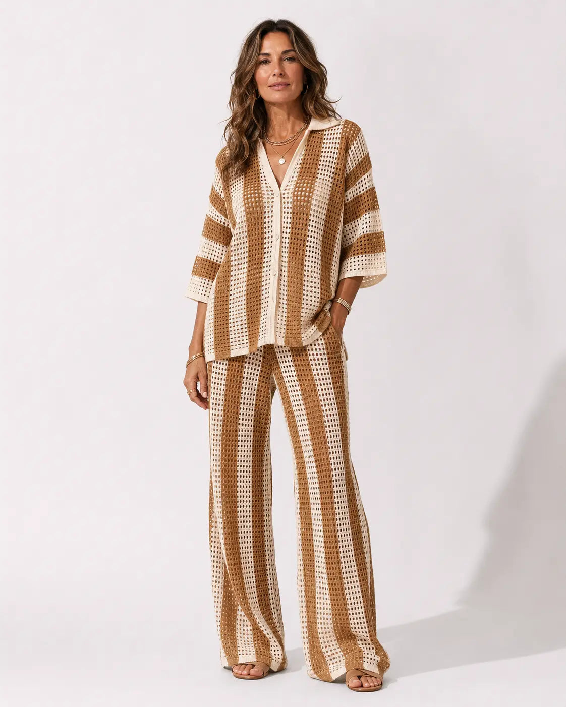 Zenaida™ | Completo all'uncinetto a righe con kimono e pantaloni