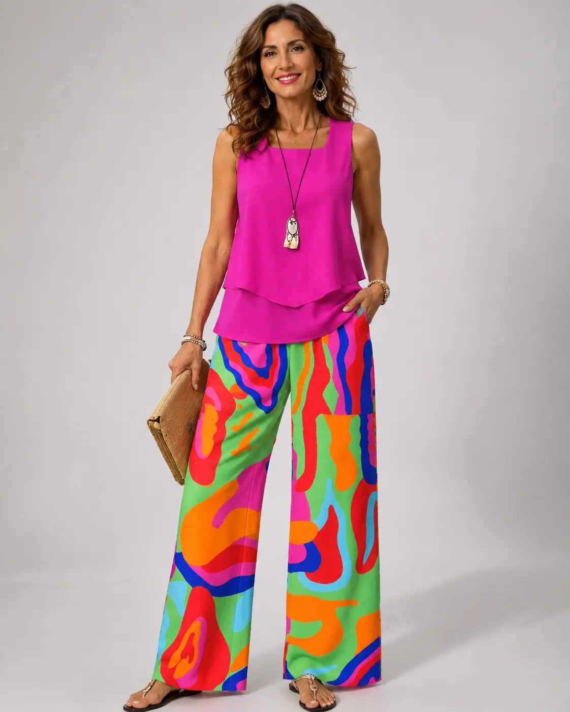 Clotilde™ | Completo Top Rosa e Pantaloni Astratti