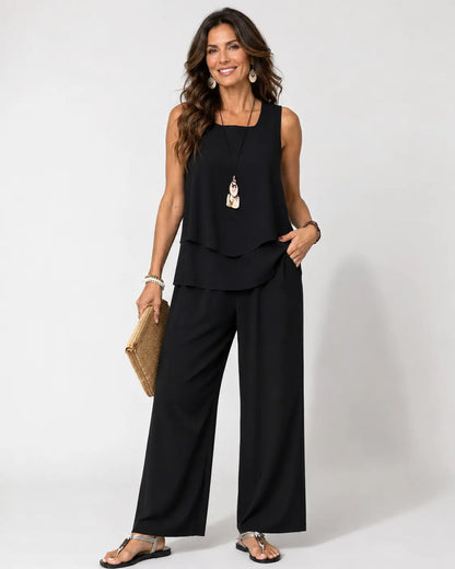 Eloísa™ | Completo Nero con Top a Strati e Pantaloni a Gamba Larga
