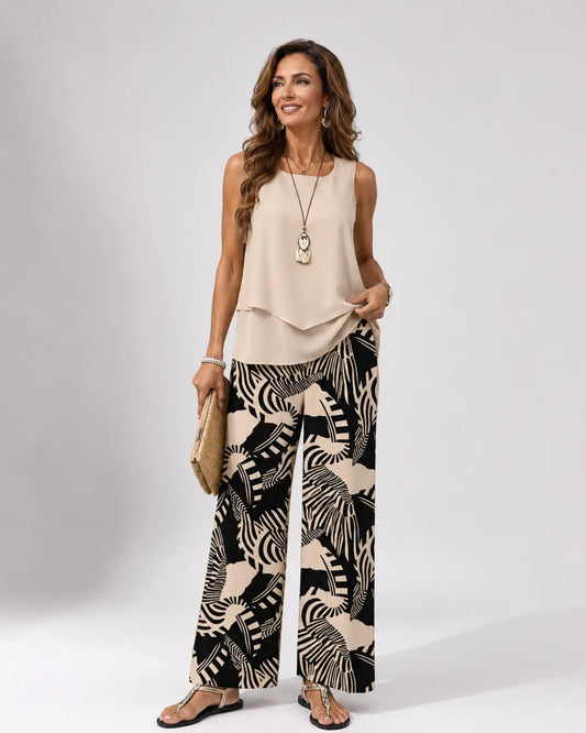Ignacia™ | Completo Blusa Beige e Pantaloni Botanici