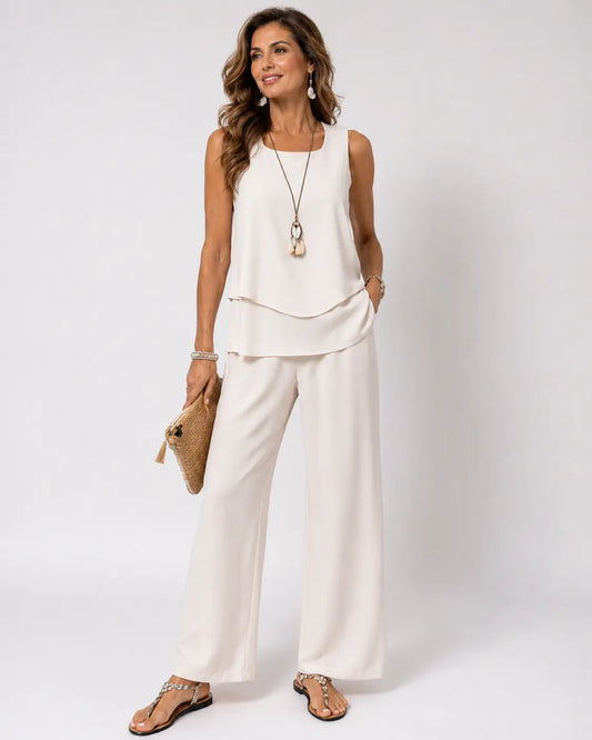 Leandra™ | Completo Crema in Raso con Top a Strati e Pantaloni