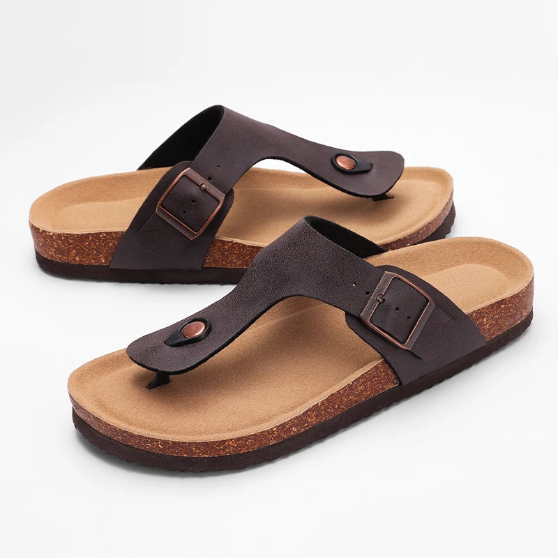 Comwarm nuevas sandalias de corcho para mujer, zapatillas de playa con punta abierta y hebilla ajustable, chanclas planas de cuero con base de corcho para mujer