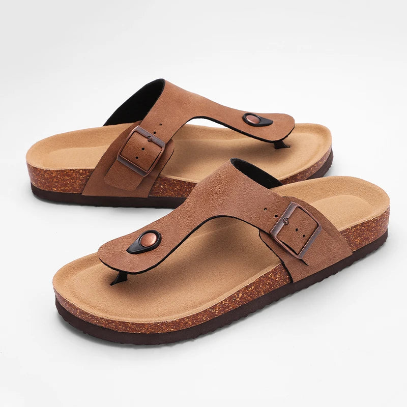 Comwarm nuevas sandalias de corcho para mujer, zapatillas de playa con punta abierta y hebilla ajustable, chanclas planas de cuero con base de corcho para mujer