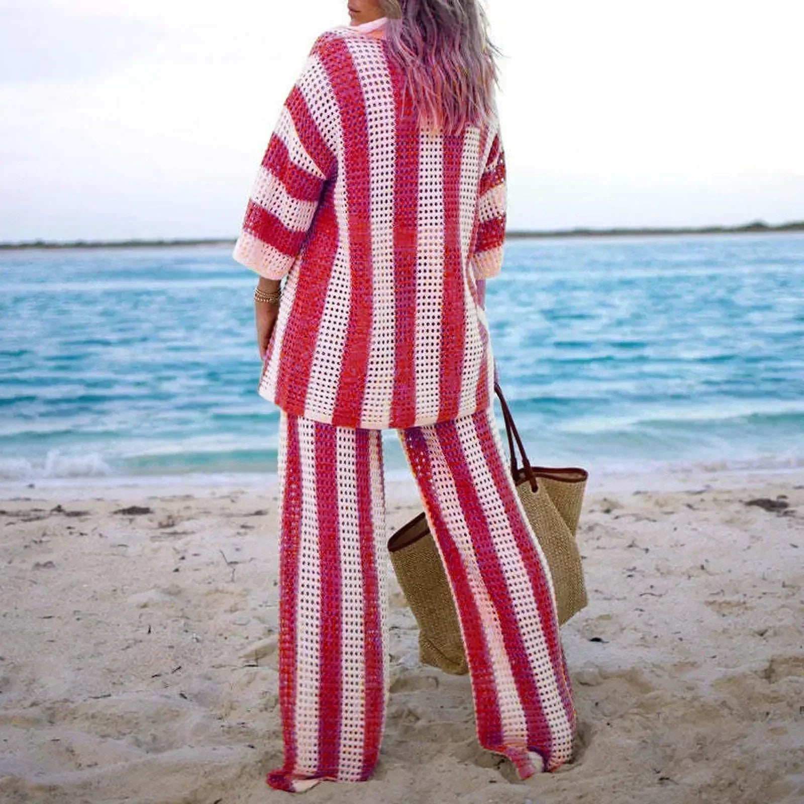 Zenaida™ | Completo all'uncinetto a righe con kimono e pantaloni