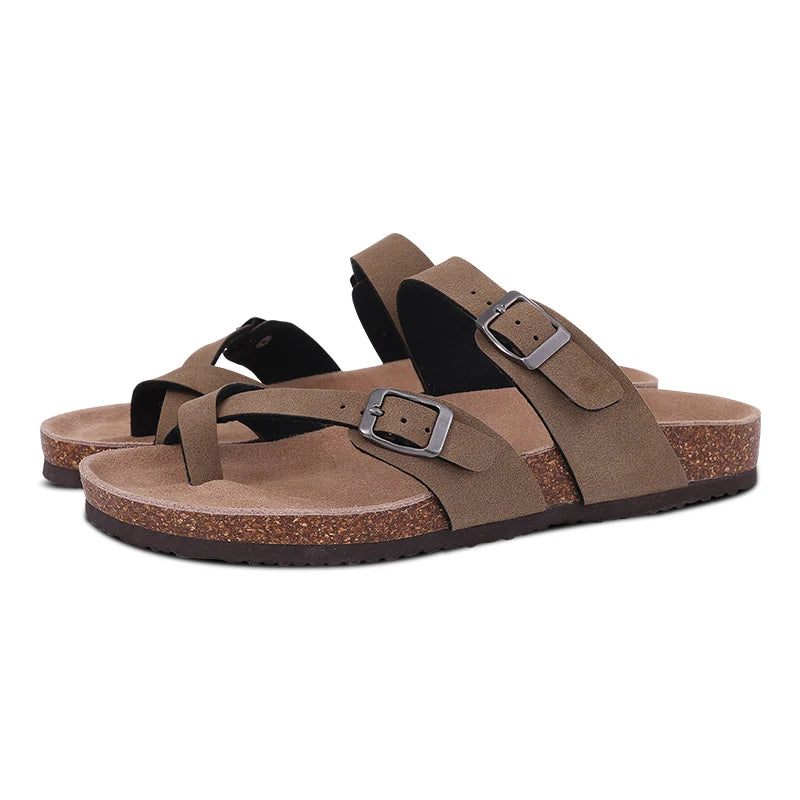 Comwarm, zapatillas de gamuza a la moda para mujer, zuecos para hombre, sandalias con plantilla de corcho con soporte para arco, chanclas de playa para exteriores, zapatos para el hogar