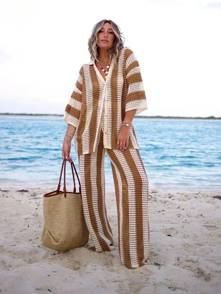 Zenaida™ | Completo all'uncinetto a righe con kimono e pantaloni