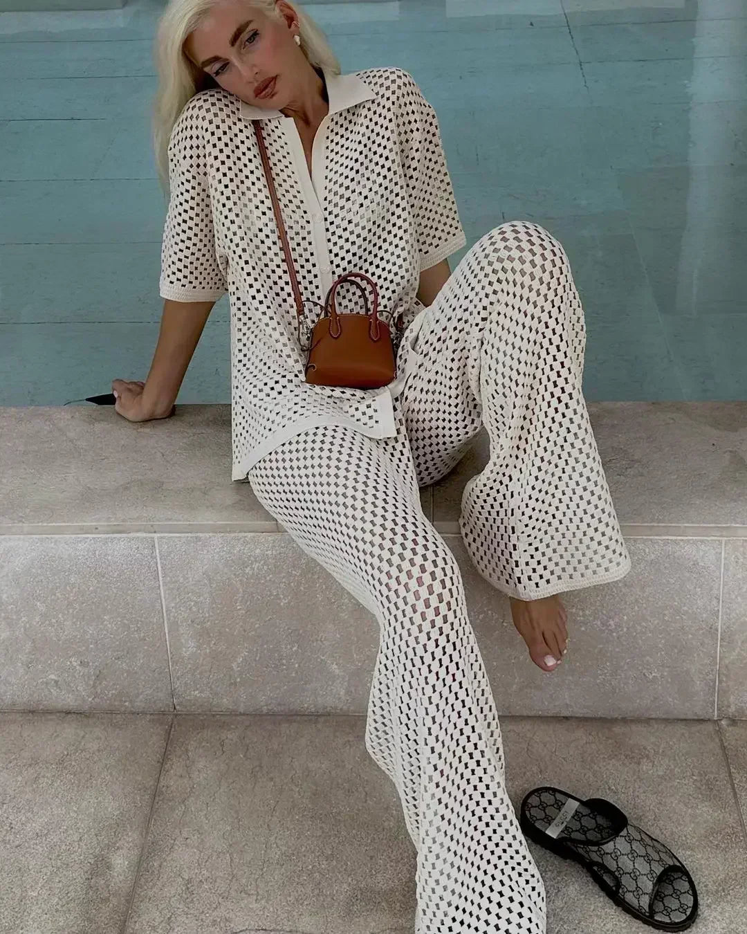 Zenaida™ | Completo all'uncinetto a righe con kimono e pantaloni