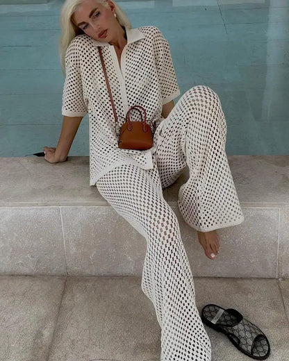 Zenaida™ | Completo all'uncinetto a righe con kimono e pantaloni