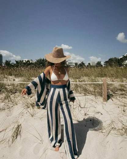 Zenaida™ | Completo all'uncinetto a righe con kimono e pantaloni