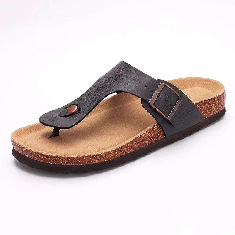 Comwarm nuevas sandalias de corcho para mujer, zapatillas de playa con punta abierta y hebilla ajustable, chanclas planas de cuero con base de corcho para mujer