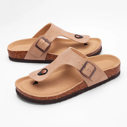 Comwarm nuevas sandalias de corcho para mujer, zapatillas de playa con punta abierta y hebilla ajustable, chanclas planas de cuero con base de corcho para mujer