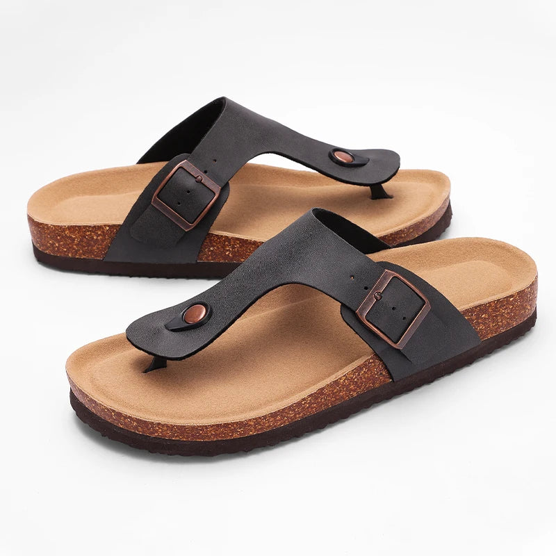 Comwarm nuevas sandalias de corcho para mujer, zapatillas de playa con punta abierta y hebilla ajustable, chanclas planas de cuero con base de corcho para mujer