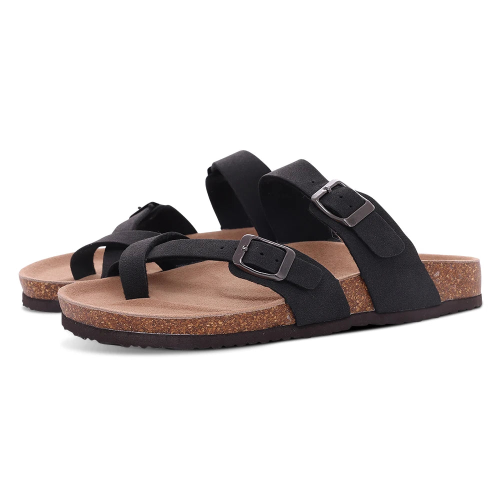 Comwarm, zapatillas de gamuza a la moda para mujer, zuecos para hombre, sandalias con plantilla de corcho con soporte para arco, chanclas de playa para exteriores, zapatos para el hogar