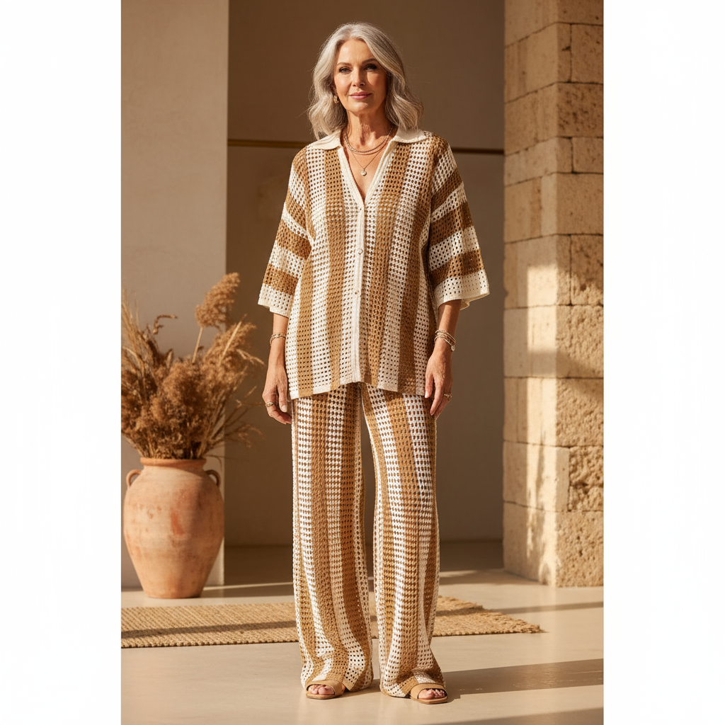 Zenaida™ | Completo all'uncinetto a righe con kimono e pantaloni