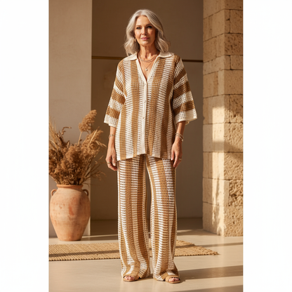 Zenaida™ | Completo all'uncinetto a righe con kimono e pantaloni